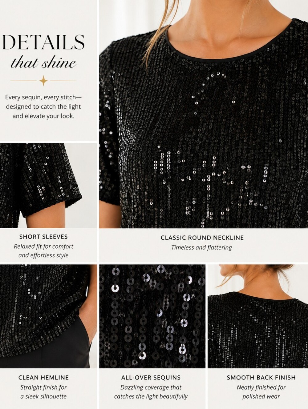 Melloday | Black Sequin Blouse Short Sleeve Elegant Sparkle Party Top | Size: L - Picture 3 of 10